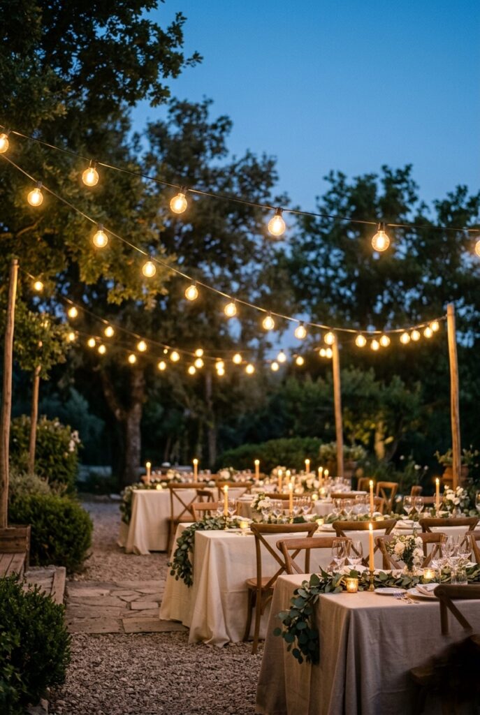 Single layer of warm Edison string lights over an outdoor wedding reception with linen-covered tables and candlelight below