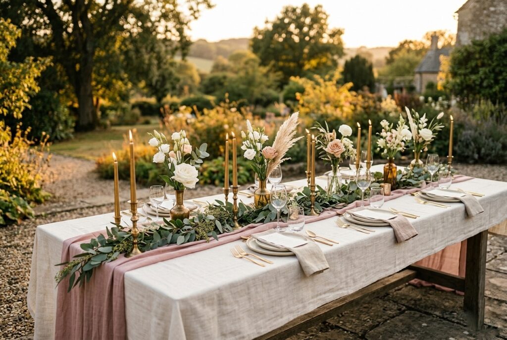 Stunning wedding reception tablescape with layered linen runner, brass taper candles, loose greenery garland, and bud vase centerpieces on a long wooden table at golden hour