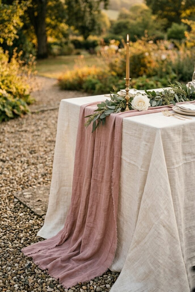 Wedding reception table with layered ivory tablecloth and raw-edge dusty rose linen runner, with candles and florals on top