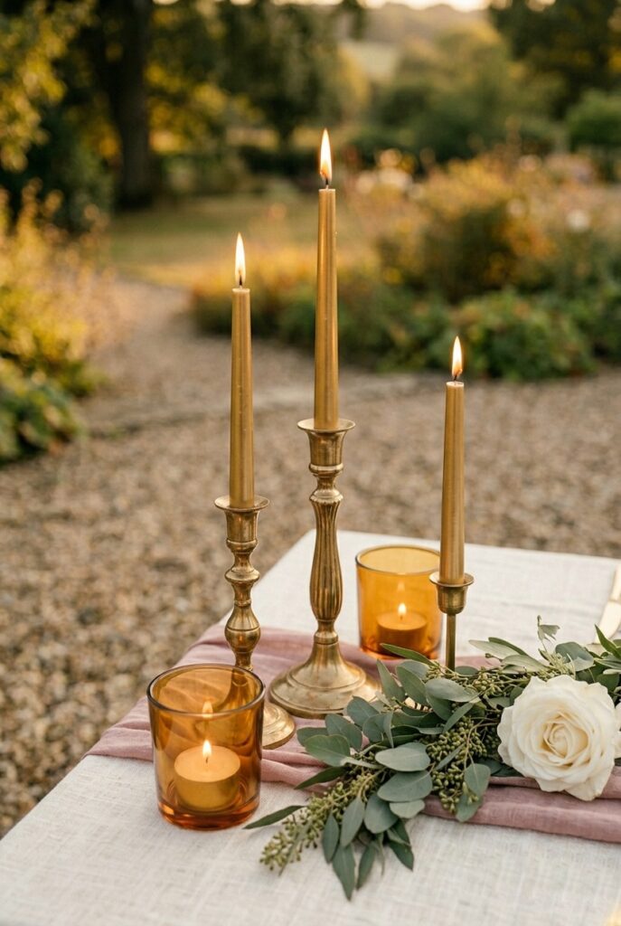 Close-up of three mismatched brass taper candle holders at varying heights with two low votive candles on a linen wedding table