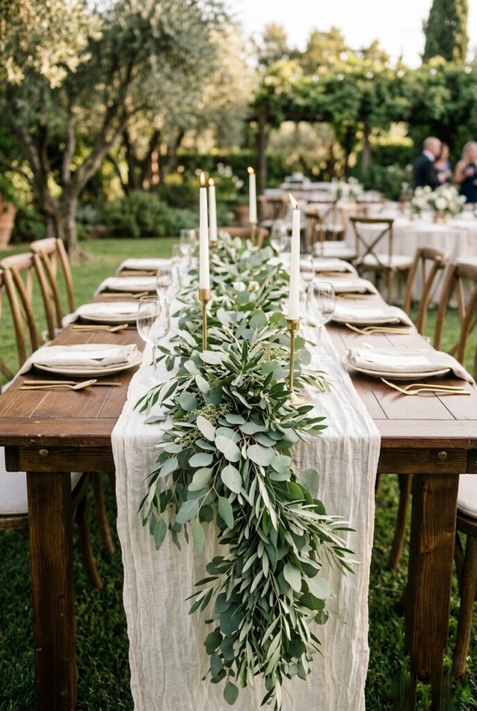 Loose eucalyptus and olive branch garland flowing naturally down a long wooden wedding reception table with white taper candles nestled among the greenery