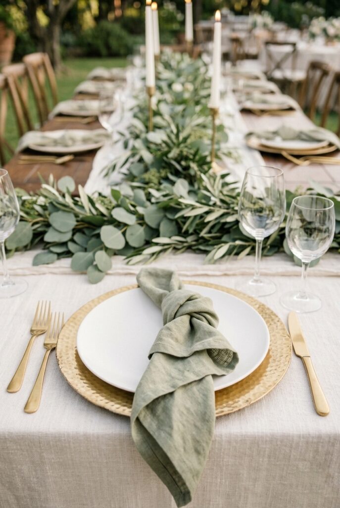 Wedding place setting with gold hammered charger plate, white dinner plate, folded sage napkin, and gold flatware on ivory linen