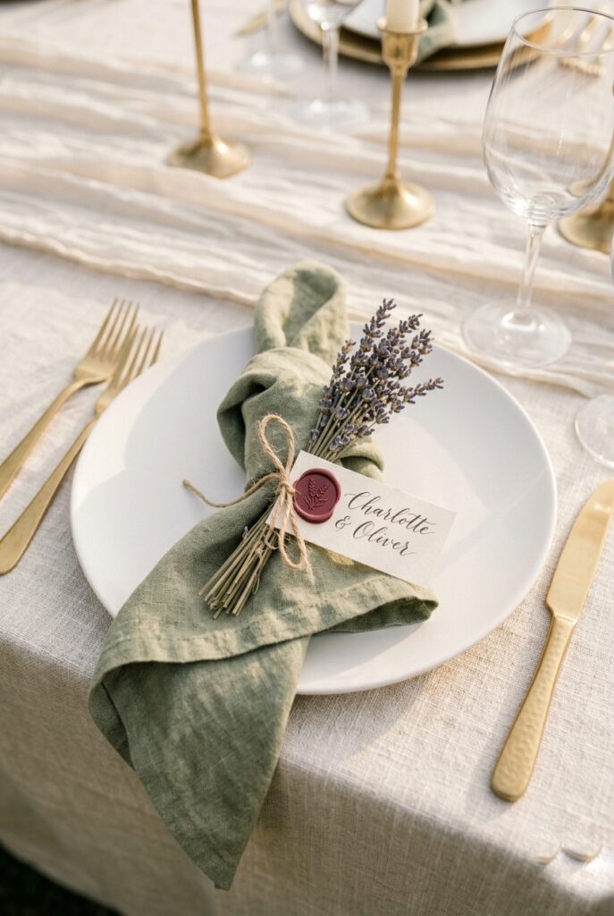Sage green linen napkin with a dried lavender sprig and small wax-sealed place card folded loosely on a white wedding dinner plate