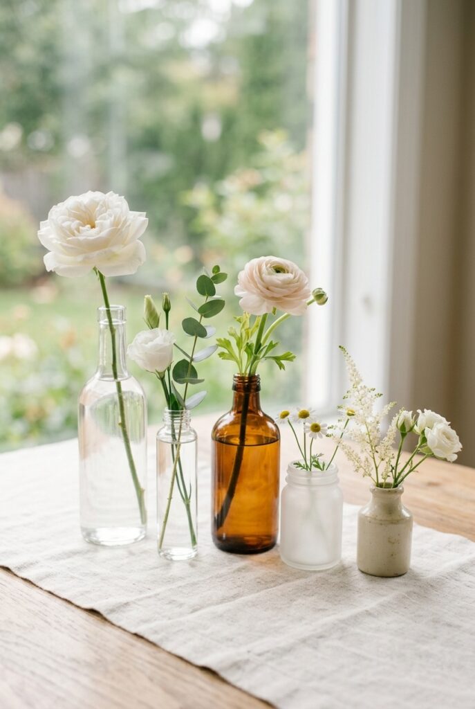 Five mismatched bud vases in clear, amber, and frosted glass at varying heights holding single white and blush stems on a linen wedding table