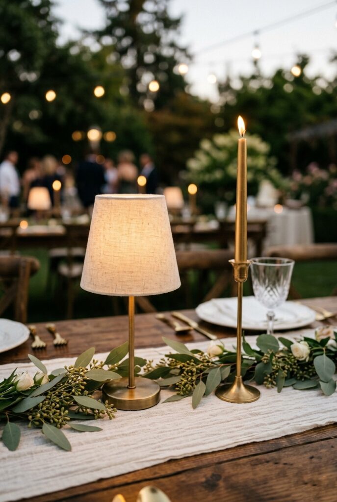 Small warm-glow cordless table lamp on a wedding reception dining table with linen runner and candles, creating intimate hotel-like ambiance