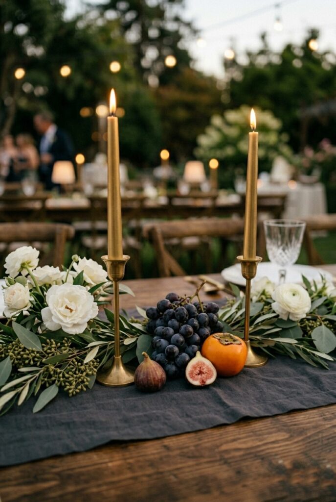 Wedding table centerpiece with loose white flowers, purple grapes, and small figs nestled between brass candlesticks on a dark linen runner