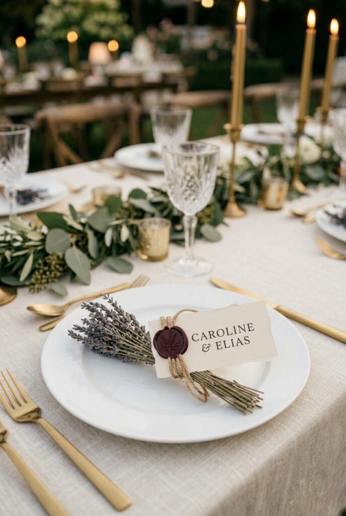 Elegant wedding place card with serif font and wax seal, tied with twine around a small dried lavender bundle on a white plate