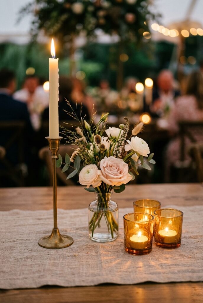 Wedding table showing deliberate height contrast — tall slender brass candlestick beside three low votive candles and small bud vase on a linen runner