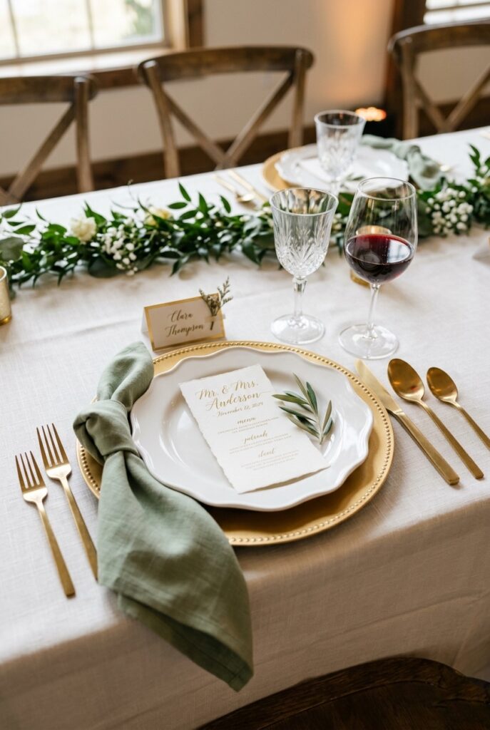 Wedding place setting with scalloped-edge white dinner plate on a gold charger, sage linen napkin, and simple gold flatware on ivory tablecloth