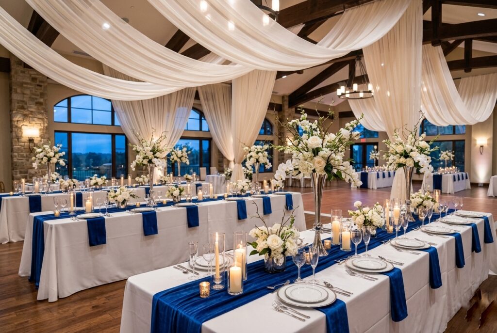 Dramatic 2026 wedding reception with cobalt blue velvet linens, sculptural silver candleholders, cascading fabric draping, and immersive floral installation above long dining tables