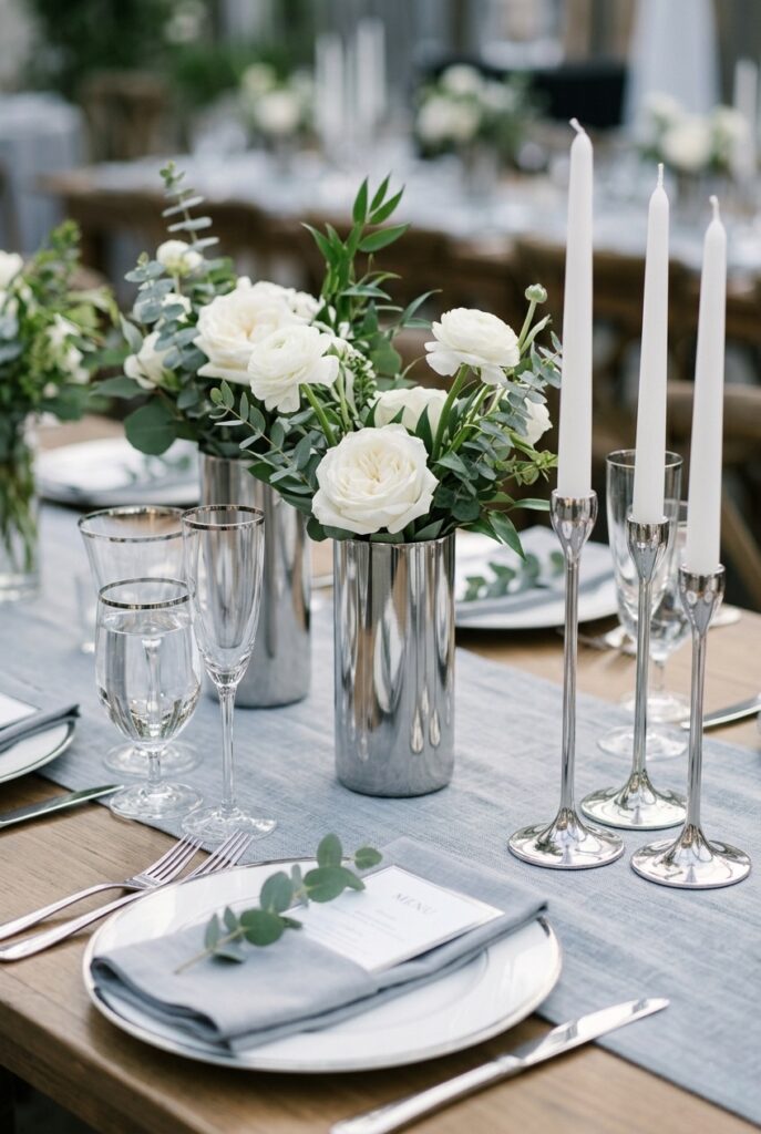 2026 wedding tablescape with chrome silver vessels, silver-rimmed glassware, and mirrored candleholders on a cool-toned linen runner