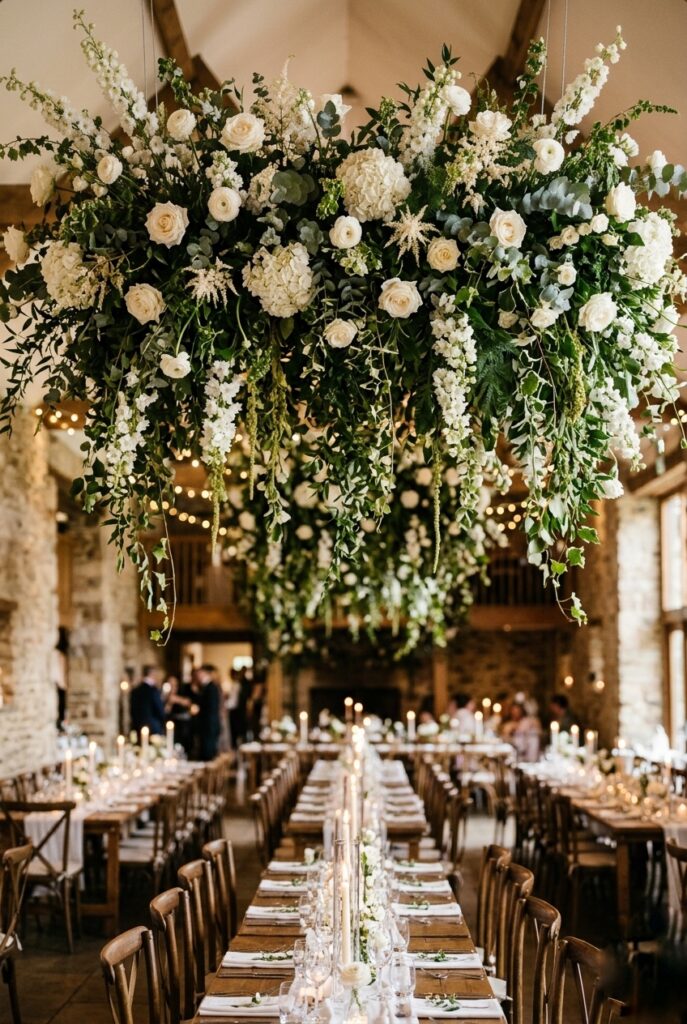Dramatic overhead floral installation with cascading white blooms and greenery above a wedding reception dance floor, simple tables visible below