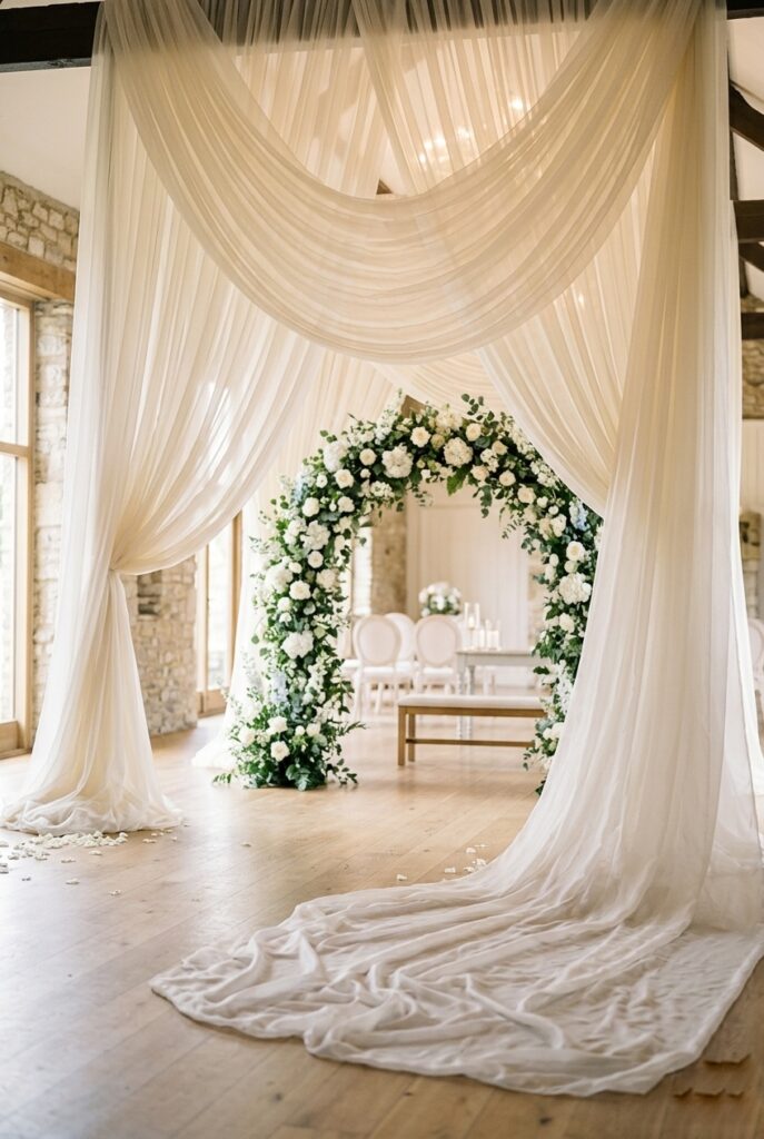 Soft ivory silk draping cascading from ceiling above a 2026 wedding ceremony space, falling with slight natural asymmetry around a floral arch