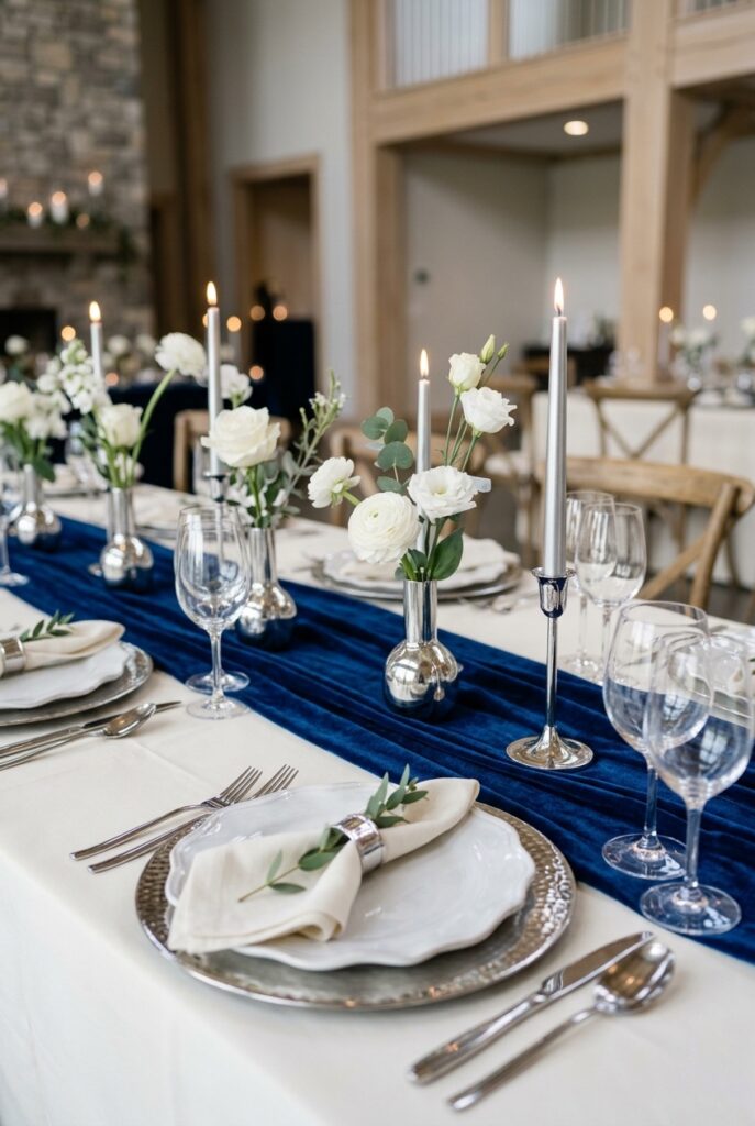 2026 wedding reception table with cobalt blue velvet table runner, ivory linen tablecloth, white floral stems, and silver candleholders