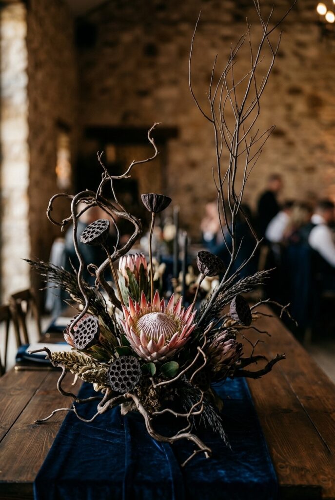 Sculptural 2026 wedding centerpiece with twisted stems, protea blooms, and dried lotus pods arranged with deliberate negative space on a velvet table runner