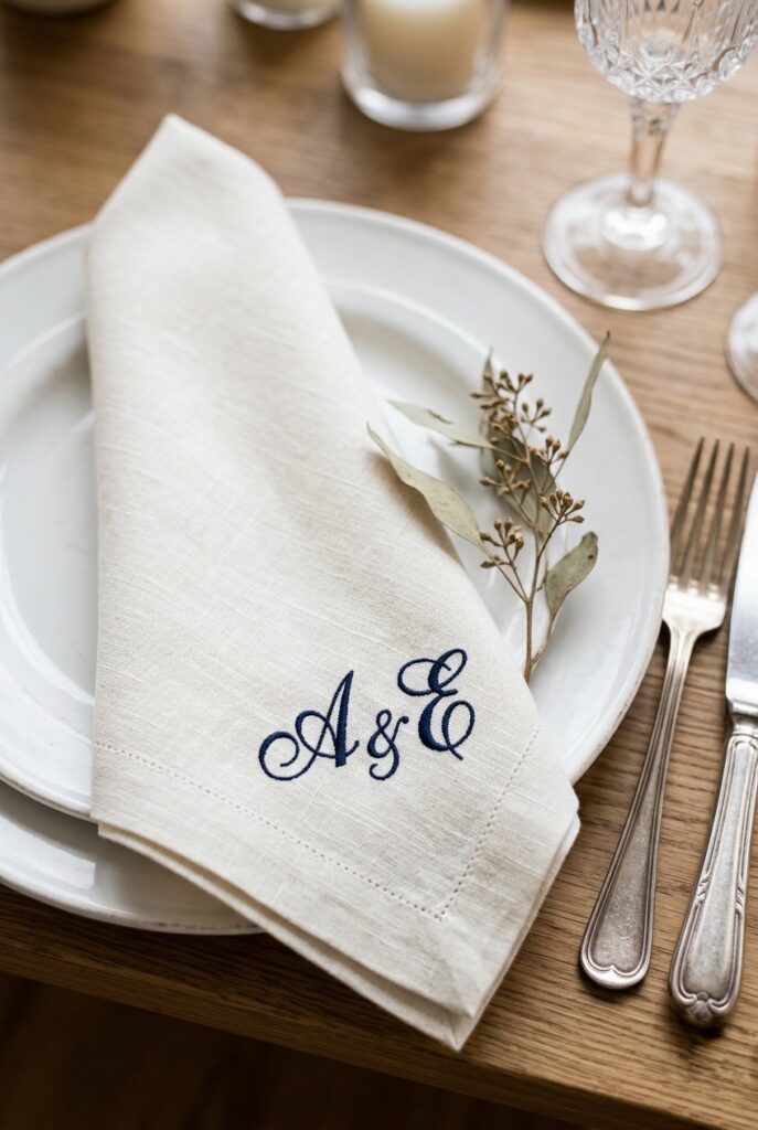 Ivory linen wedding napkin with delicate monogram embroidery in the corner, styled on a white dinner plate with a dried floral stem