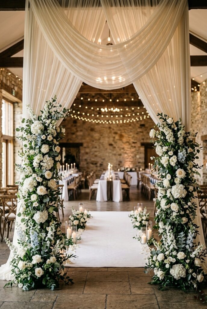 Dramatic 2026 wedding ceremony altar with towering floral installation and fabric draping, with deliberately minimal reception tables visible in the background