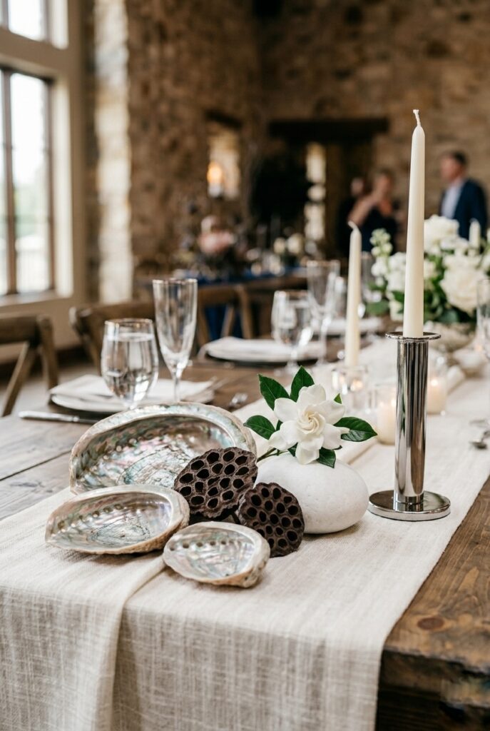 2026 wedding table accent with pearlescent shells, dried lotus pods, and a single white stem arranged on a linen runner beside a silver candleholder