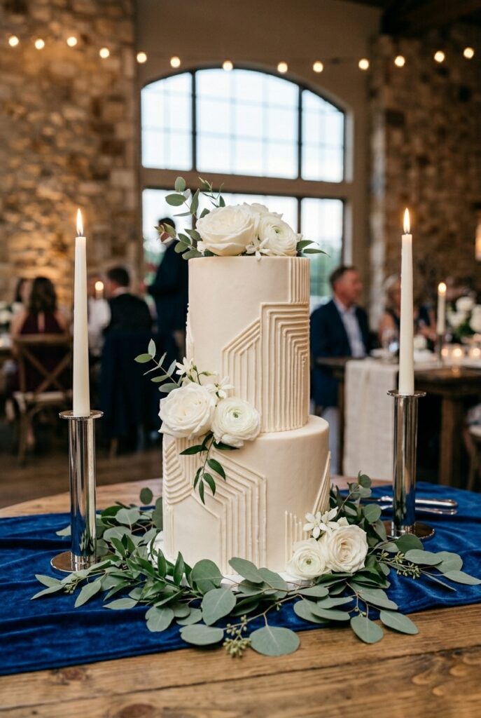 Sculptural wedding cake with architectural piped texture used as the primary table centerpiece at a 2026 reception, surrounded by silver candleholders on a velvet runner