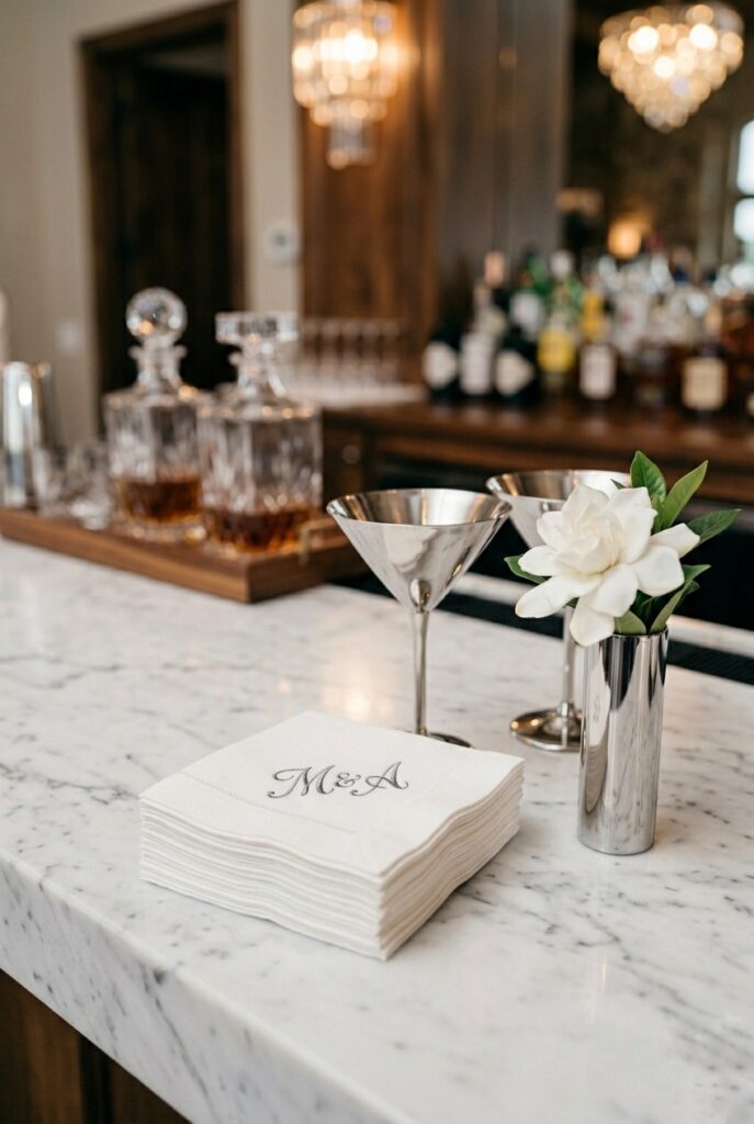 Close-up of a wedding cocktail napkin with elegant custom monogram at the bar, beside a silver cocktail glass and single white bloom