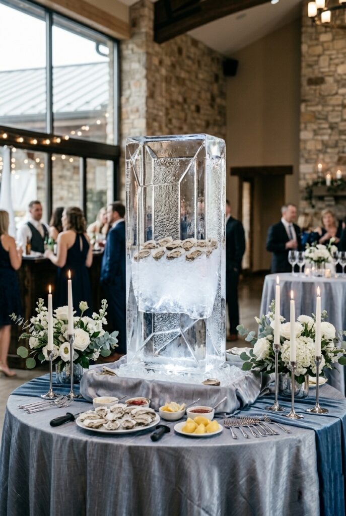 📷 [IMAGE 12 HERE] Alt text: Sleek modern ice sculpture at a 2026 wedding cocktail hour displaying fresh oysters on ice, with silver candleholders and white blooms surrounding it