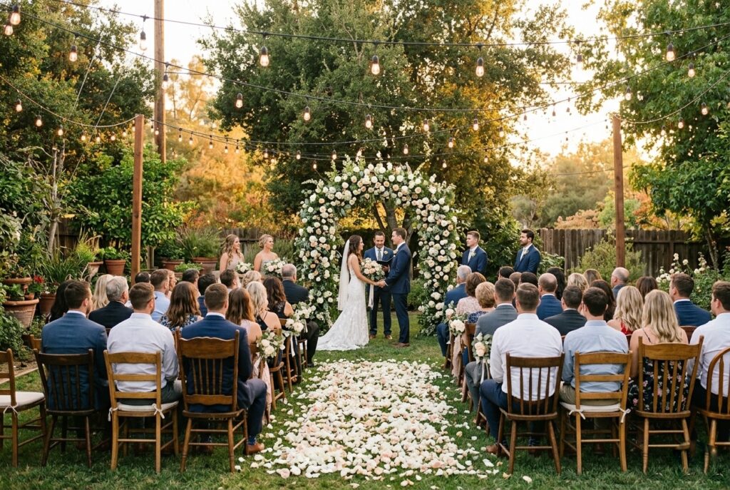 home wedding ceremony setup in a backyard with a floral arch, string lights overhead, and bistro chairs lining a petal-covered aisle at golden hour