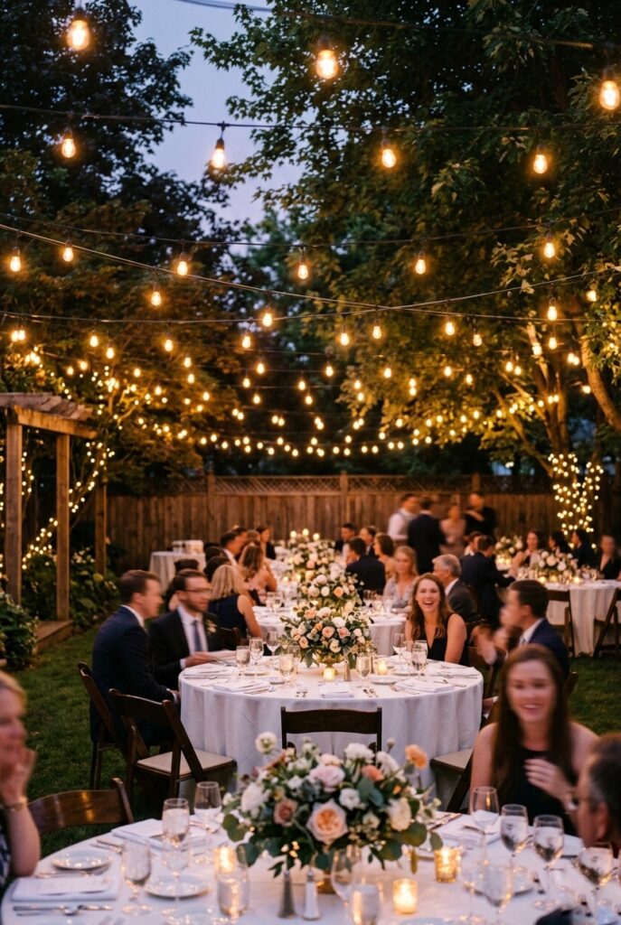 Outdoor backyard wedding reception at dusk with Edison bulb string lights draped overhead in a canopy pattern above round tables with white linens