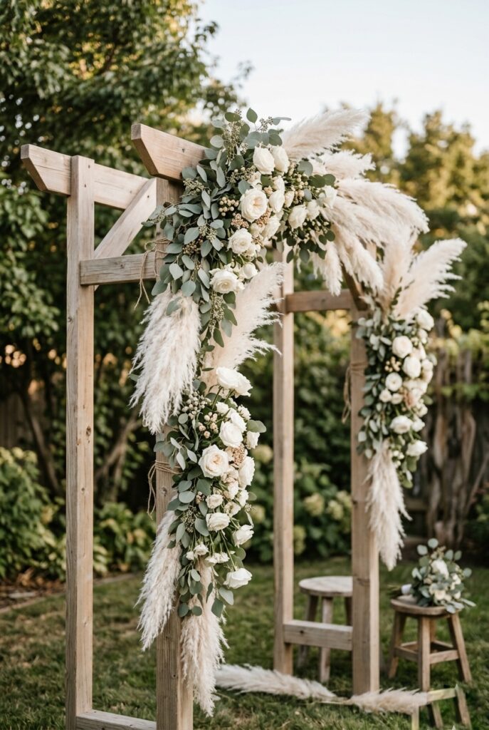 DIY wooden arch draped with white pampas grass, eucalyptus, and cascading white roses in a backyard ceremony space