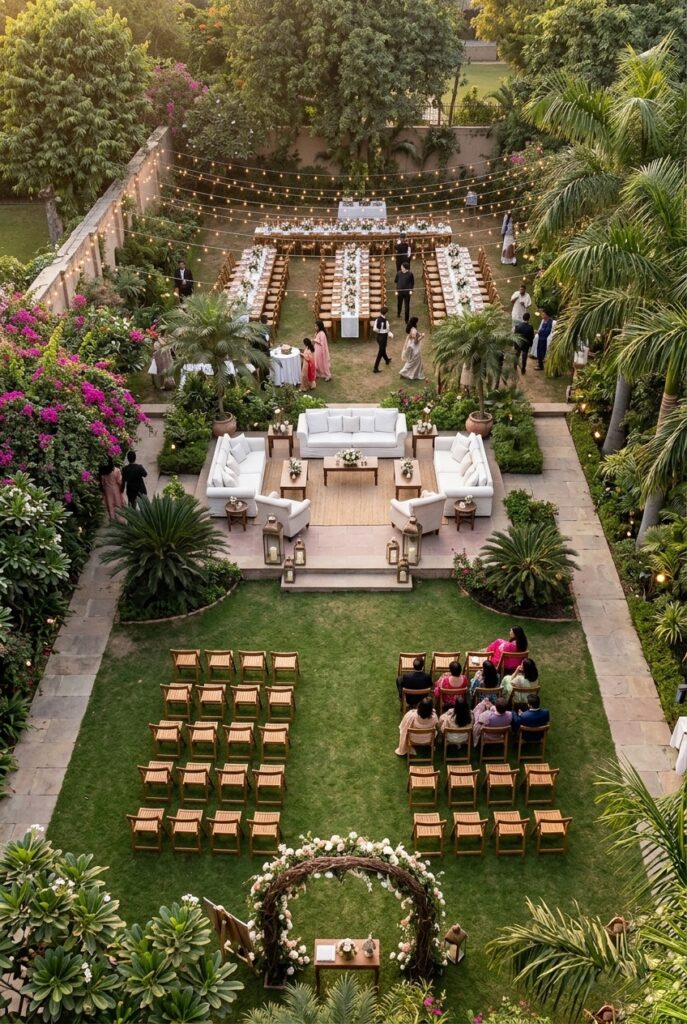 Backyard wedding with separate ceremony and reception spaces defined by area rugs, a lounge seating zone with white sofas and lanterns, and a dining area with string lights