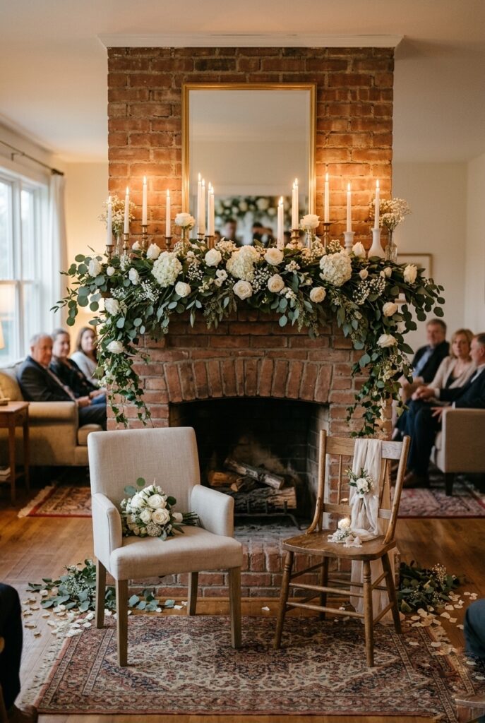 Intimate indoor home wedding ceremony in a living room with a fireplace decorated with white florals, candles, and greenery garland