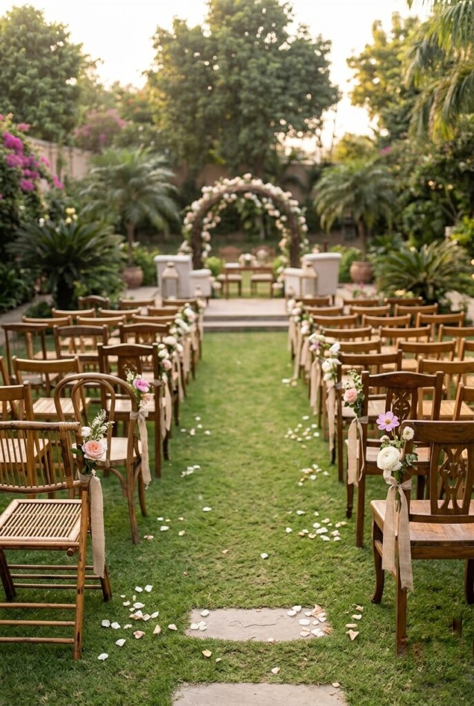 Outdoor wedding ceremony seating with mismatched vintage wooden chairs arranged in rows on a lush green lawn, decorated with single flower stems tied with ribbon