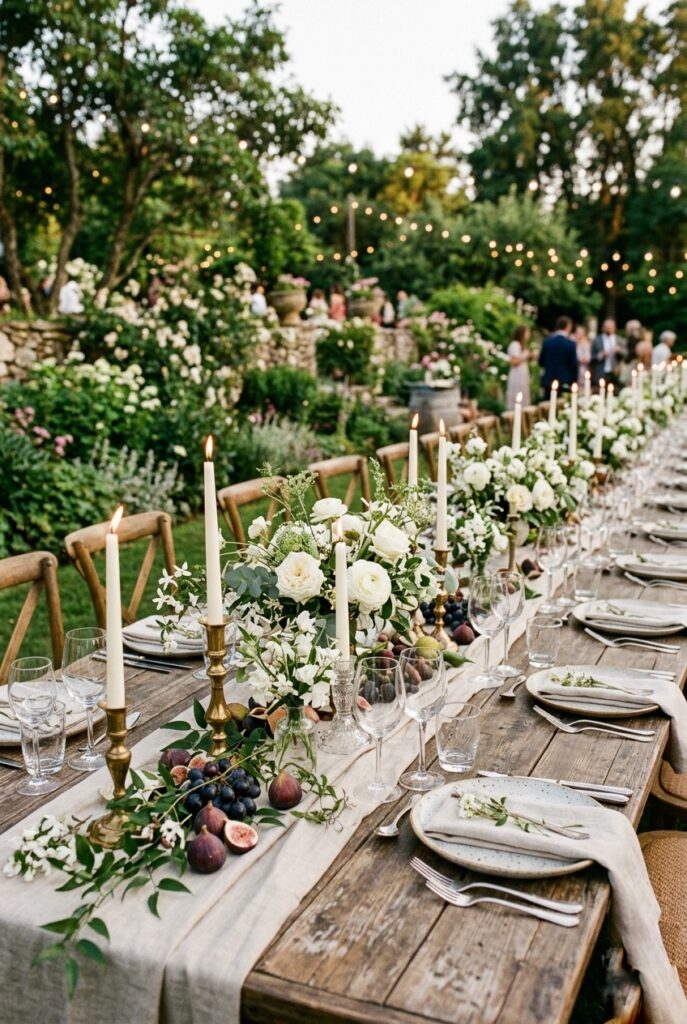 Long wooden farm table wedding reception setup outdoors with tapered candles, white florals, scattered fruit, and linen napkins in a romantic home garden setting