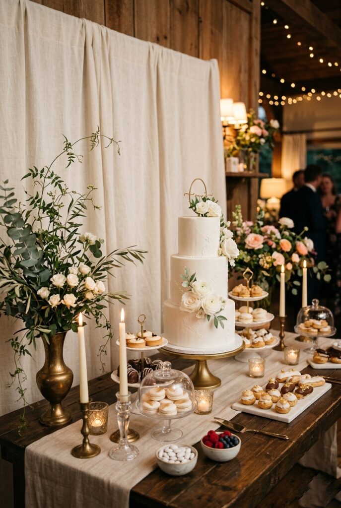 Elegant home wedding dessert table styled with a tiered cake, small pastries, tapered candles, greenery, and a fabric-draped backdrop in a warm-lit indoor setting
