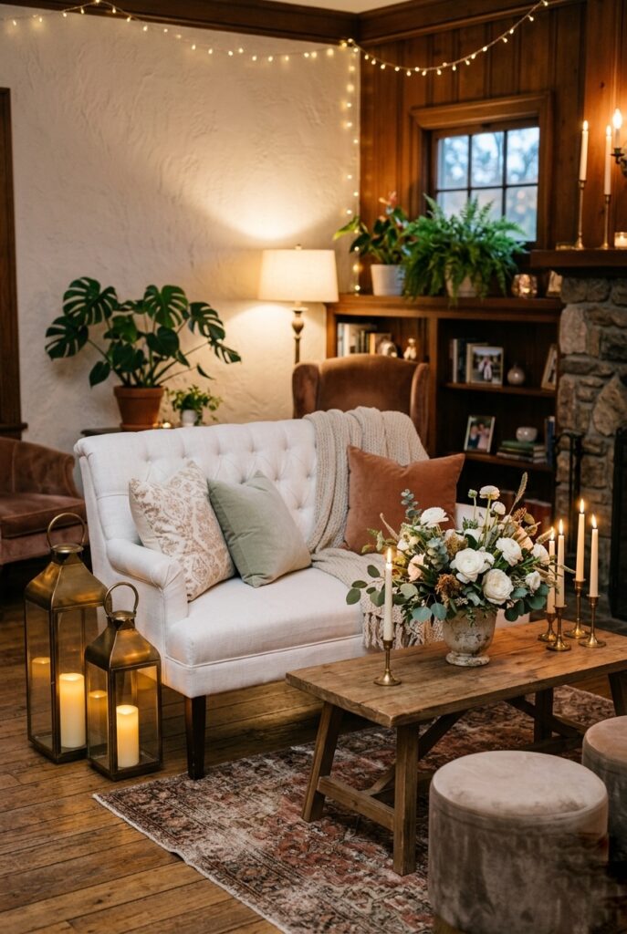 Intimate wedding cocktail lounge corner with plush white settee, lanterns, a low coffee table with flowers, and warm ambient lighting in a home living room