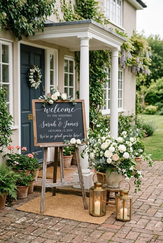 Home wedding entrance with a welcome sign surrounded by greenery, white florals, and a lantern on a vintage easel at the front door of a home