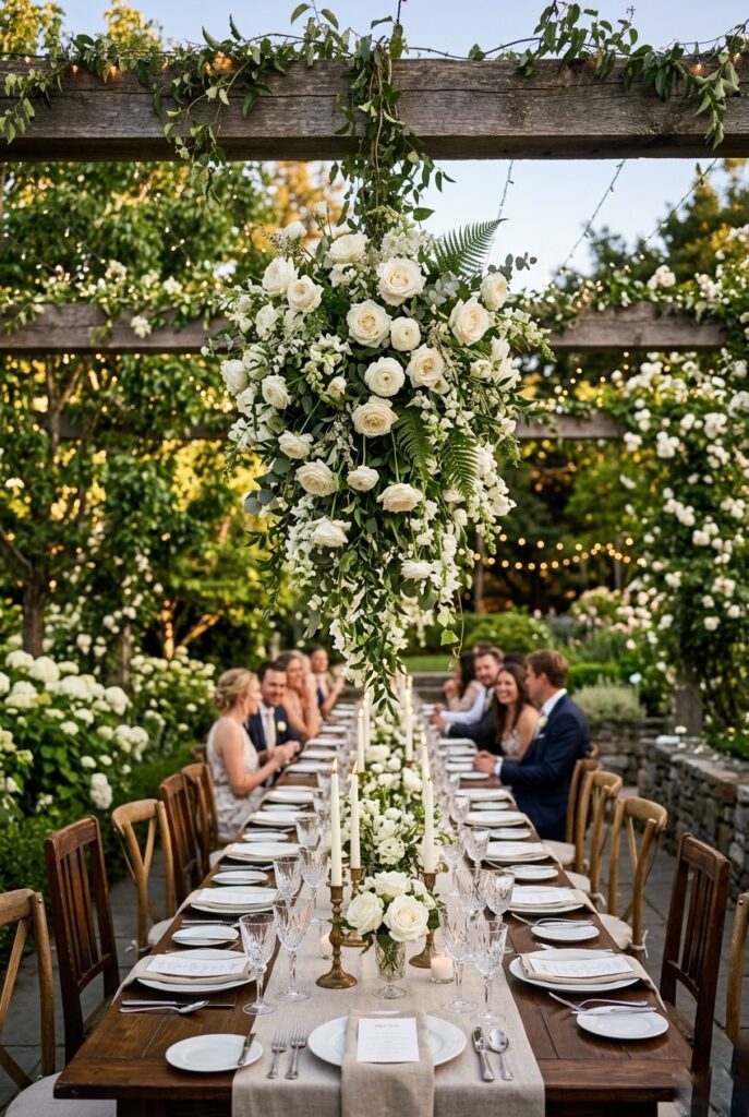 Hanging floral installation with white roses and greenery suspended above a long outdoor wedding reception table from a pergola or tree branch