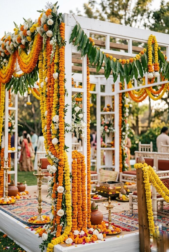 Marigold garlands draped elegantly along a white mandap frame with white rose accents and green mango leaf torans at an Indian wedding ceremony