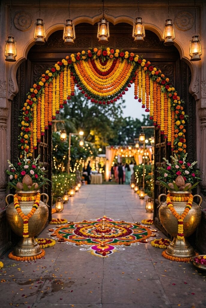 Indian wedding entrance gate decorated with a marigold and rose toran arch, brass pots on either side, rangoli on the floor, and warm lantern lighting at a banquet hall