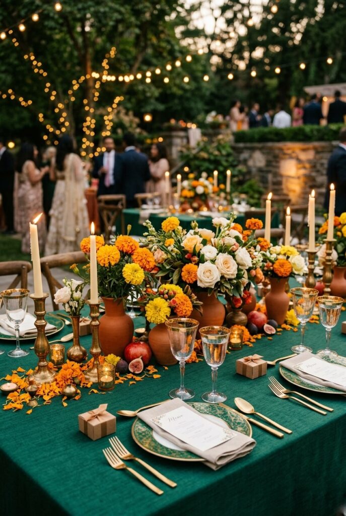 Indian wedding reception tablescape with jewel-toned emerald green linens, gold flatware, terracotta vases with marigold and white rose arrangements, and brass candleholders