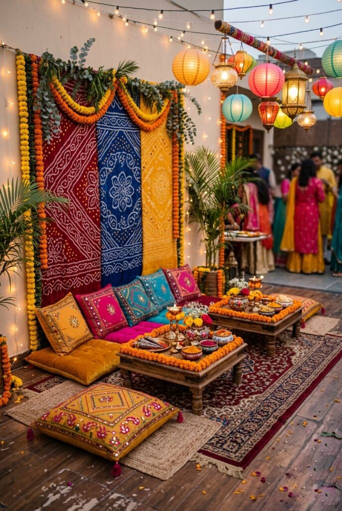 Indian Mehendi ceremony corner decorated with colorful floor cushions, low wooden tables with marigold borders, hanging paper lanterns, and a Bandhani fabric backdrop