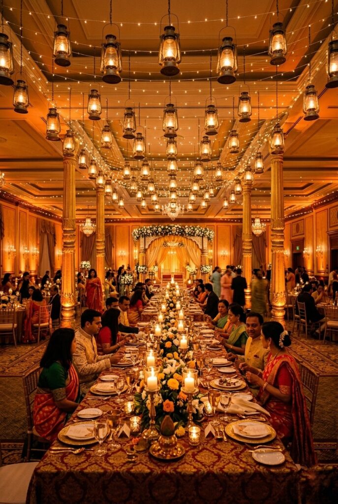 Indian wedding reception hall with warm amber uplighting, hanging brass lanterns, string lights overhead, and candles on long tables creating a romantic festive ambiance