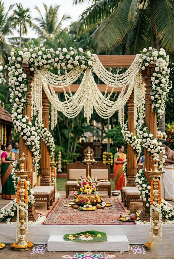 South Indian inspired wedding mandap with white jasmine garland chandeliers, tuberose and white rose cascades, banana leaf accents, and brass vilakku lamps on a wooden floor