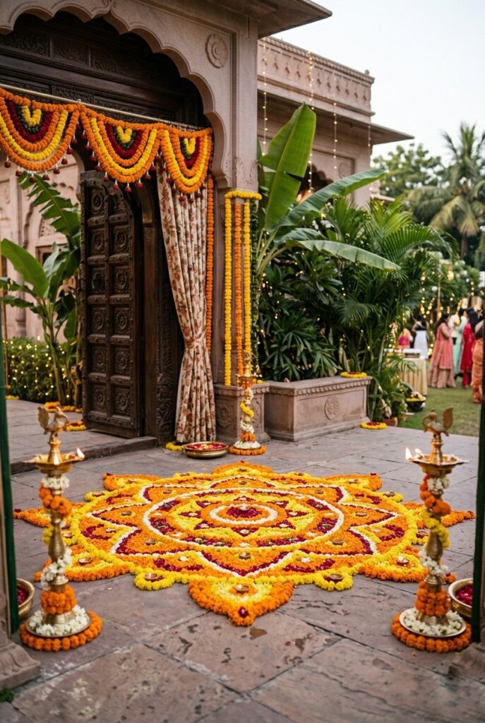 Intricate hand-made flower petal rangoli in bright orange, yellow, and red at the entrance of an Indian wedding venue with brass lamps on either side
