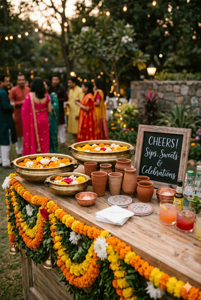 Indian wedding cocktail hour styled bar with brass urlis, flower garland accents, lanterns, signature cocktail signage, and terracotta vessels on a draped table