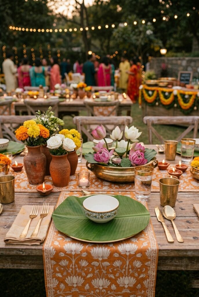 Indian wedding reception dinner table styled with banana leaf place settings, terracotta vases with marigolds and white roses, brass flatware, lotus floral centerpiece, and silk runner in saffron and ivory