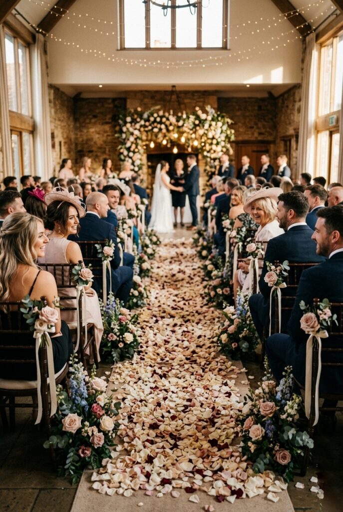 Wedding ceremony with runway-style seating where guests face inward toward the aisle on both sides, creating a fashion show effect with floral chair markers and a petal-covered aisle runner