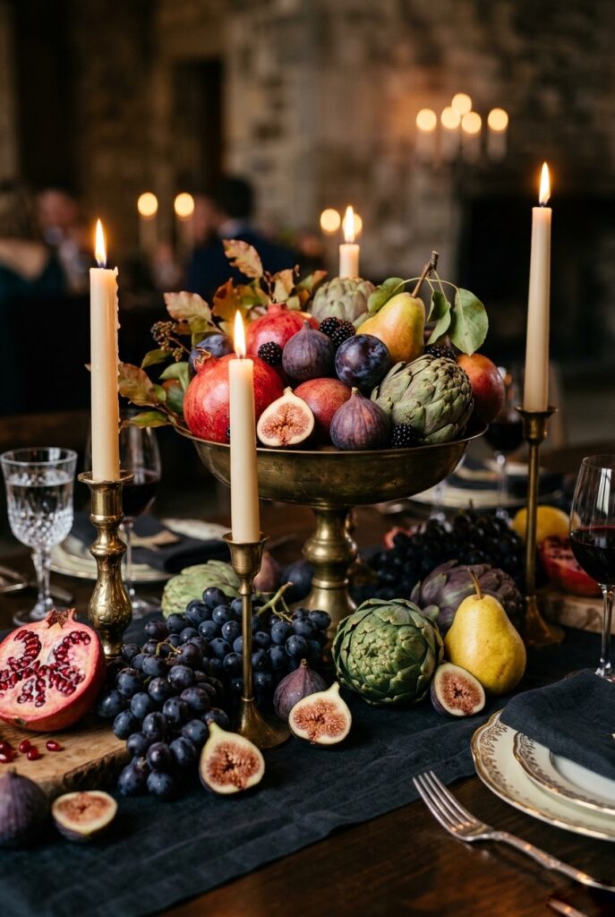 Wedding reception dinner table styled in a Renaissance painting aesthetic with cascading grapes, figs, persimmons, artichokes, taper candles at varying heights, and jewel-toned velvet linens