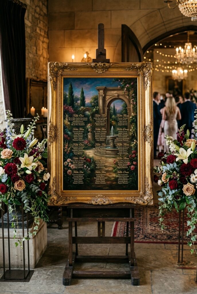 Large-scale hand-painted oil painting style seating chart in an ornate gilded frame displayed on an easel at a wedding reception entrance with floral arrangements flanking it
