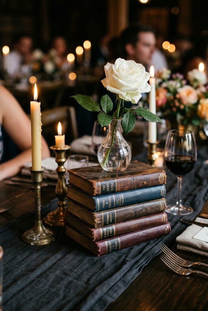 Wedding reception table centerpiece built from a stack of vintage leather-bound books topped with a single bud vase with white roses and taper candles in mismatched candlesticks on a dark linen tablecloth