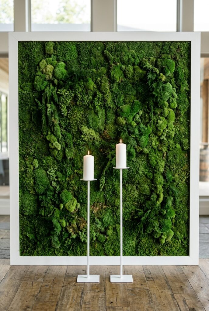 Wedding ceremony backdrop made of a lush preserved moss wall panel in deep green with a simple white frame and two white pillar candles on stands in front